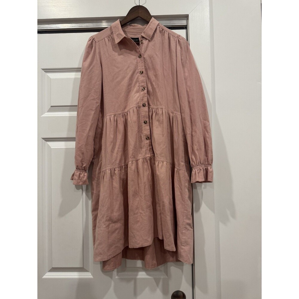 Me+Em Womens Sz 10 Pink Long Tiered Oversized Cottagecore Corduroy Dress Ruffle